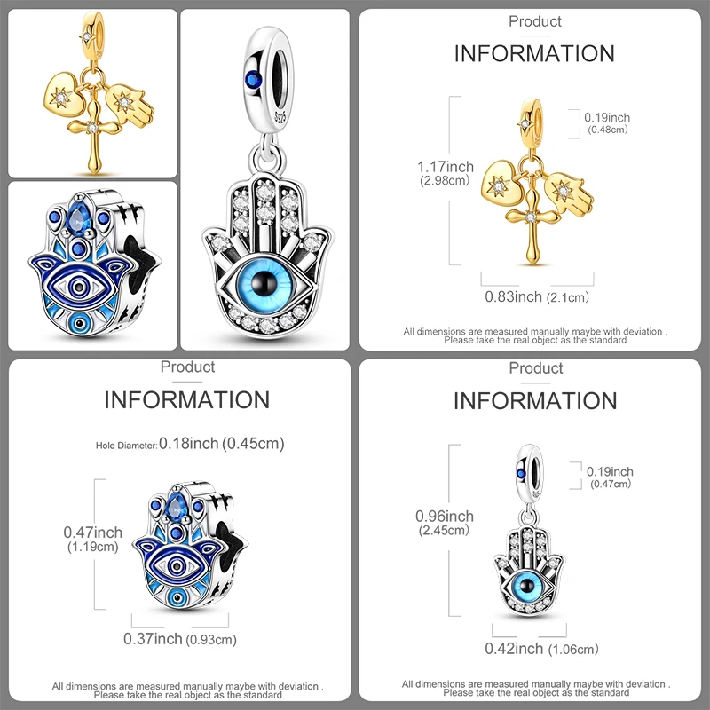 3-teiliges 925 Sterling Silber Hamsa Hand Böser Blick Charm-Set Glücksbringende Blaue Augen-Perlen DIY Armband Halskette Geschenk für Frauen – Detail 5