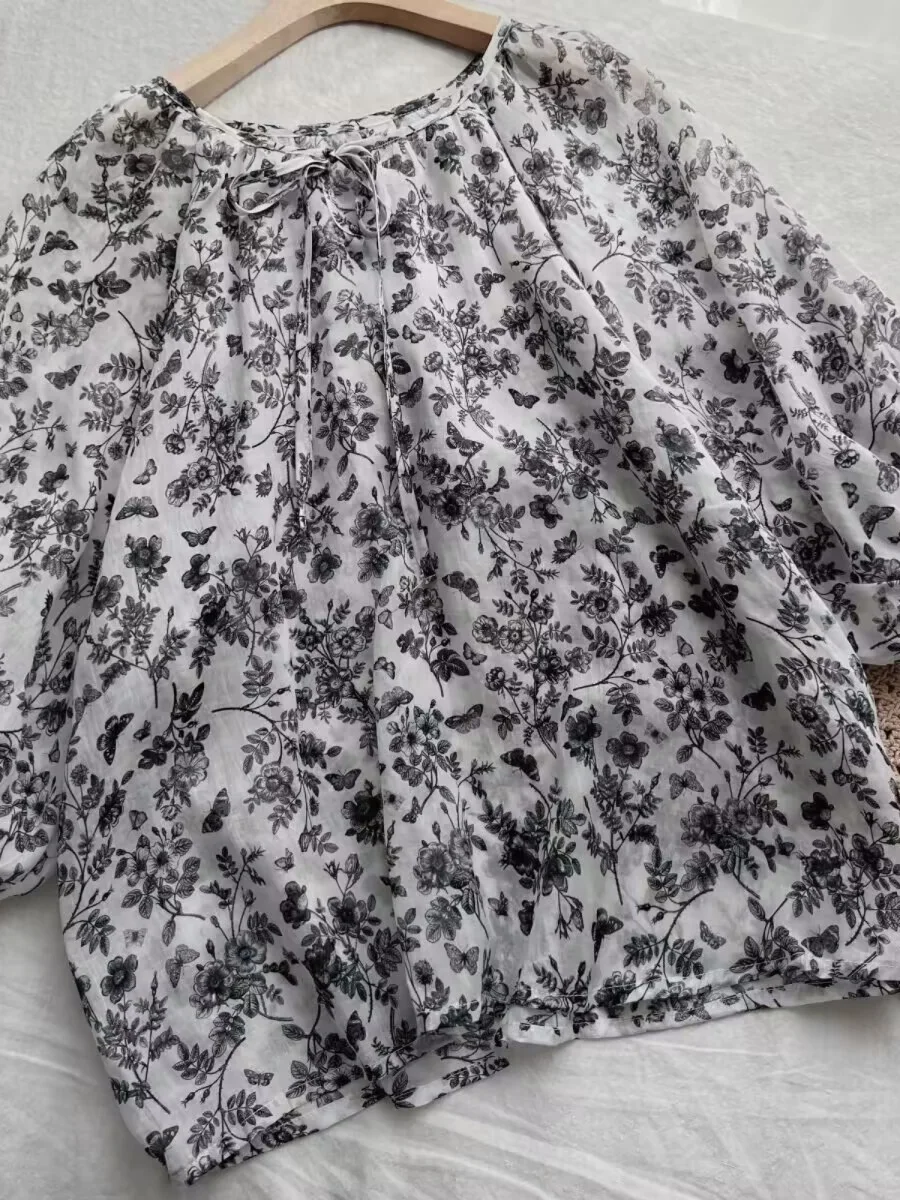 

l Flax Tie-Detail Svel Top Women's Oversized Loose Fit ort Sve irt Thin Fabric Summer Season Faion Brand