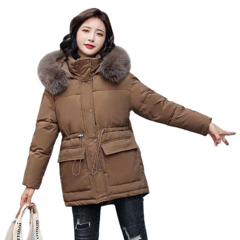 

2022 New Winter Jacket Women Parka Fashion Mid-Long Coat Hooded Parkas Slim Drawstring Fur Collar Warm Snow Wear Padded Clothes