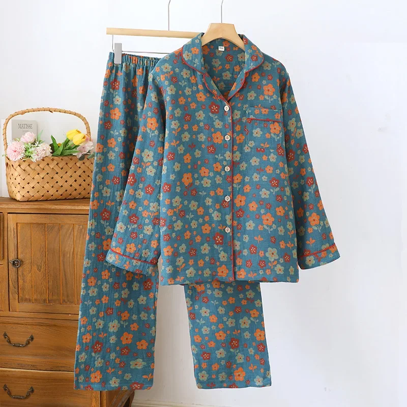 

Blue Color Flower Printed Cotton Jacquard Women's Home Clothes Lapel Collar Long Sleeved Long Pants Thin Breathable Pijama Suit