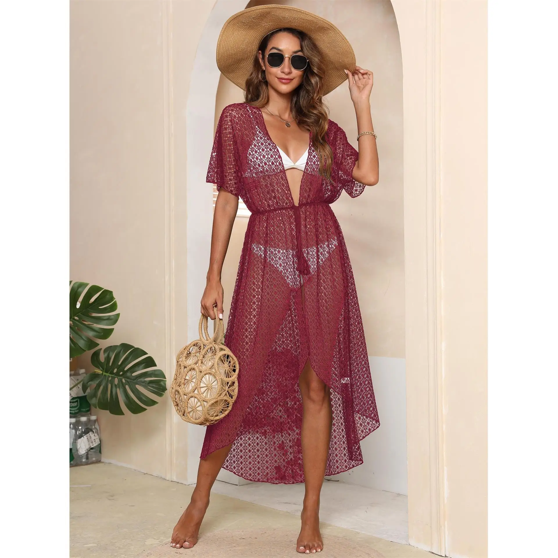 Koronkowa narzutka plażowa damska wiązana kardigan z poliestru typu batwing, ażurowa odzież robocza, letnia nowość, styl casual...