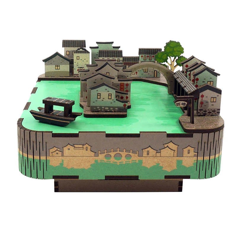 DIY 3D Wooden Ancient Water Town Music Box Miniature Model Kits Jigsaw Puzzles Can Move for Children Birthday Gifts Home Decor