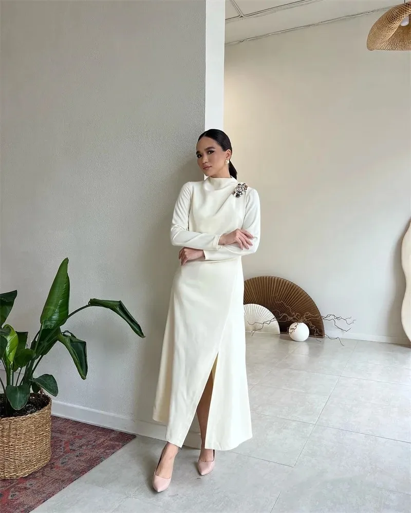 Flora Dress Elegant White Satin Mermaid Evening Dresses Long Sleeves High Neck Slit Beads Saudi Arabic Formal Occasion Prom Gown