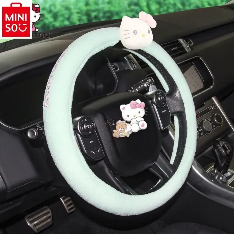 

MINISO Car Steering Wheel Cover Winter Plush Universal Women's Cartoon Hello Kitty Anime Car Interior Decoration handlebar cover