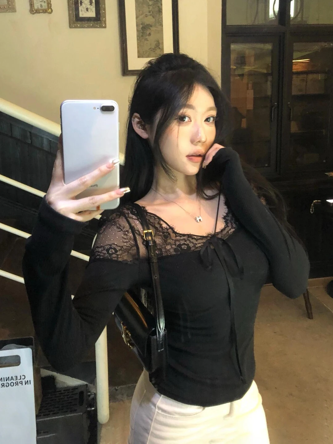 

Bla Lace Knot Long Sve Base irt T-irt Women Pure Desire Spicy Girl Slim Fit Inner Wear Slimming Top