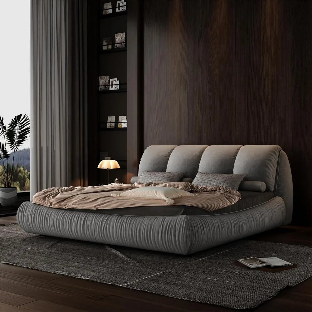 

Luxury Queen Size Upholstered Platform Bed with Oversized Padded Backrest, Soft Frame Cloud Bed, Pine wooden Slats, Grey