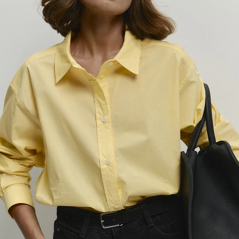 Tornova banlieue chemise jaune pour femmes manches longues revers simple boutonnage ample décontracté coton chemise dame mode Blouses solides