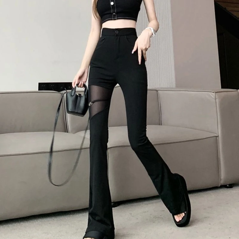 Hotsweet Flare Pants Women Summer Thin Sexy Mesh Spliced Black Slim High Waist Solid Hollow Out Pants