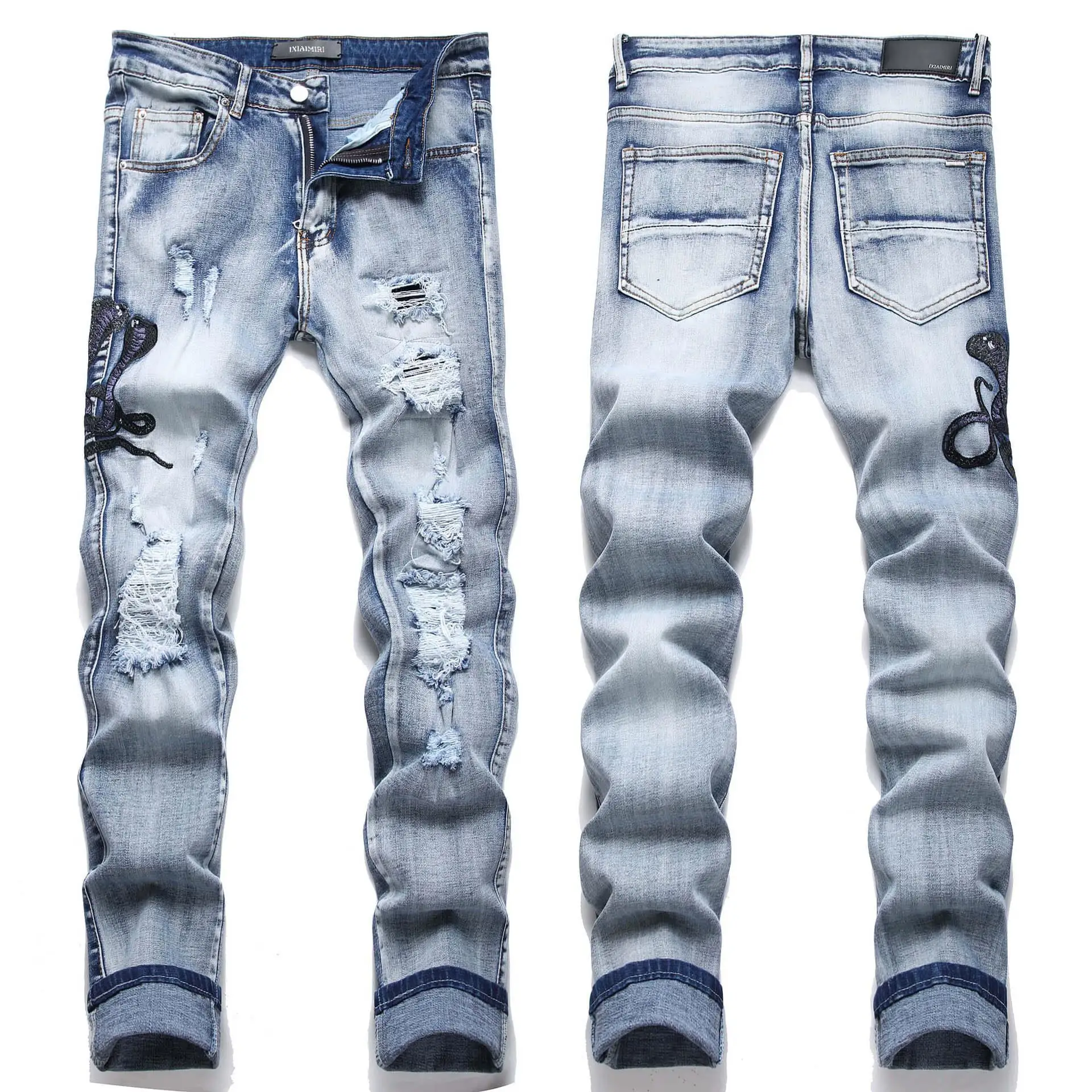 

Teenage Blue Embroidered Stretch Small Leg Mens Casual Street Style Jeans mid Waist Zipper Fly Stone Washed Non Deformable