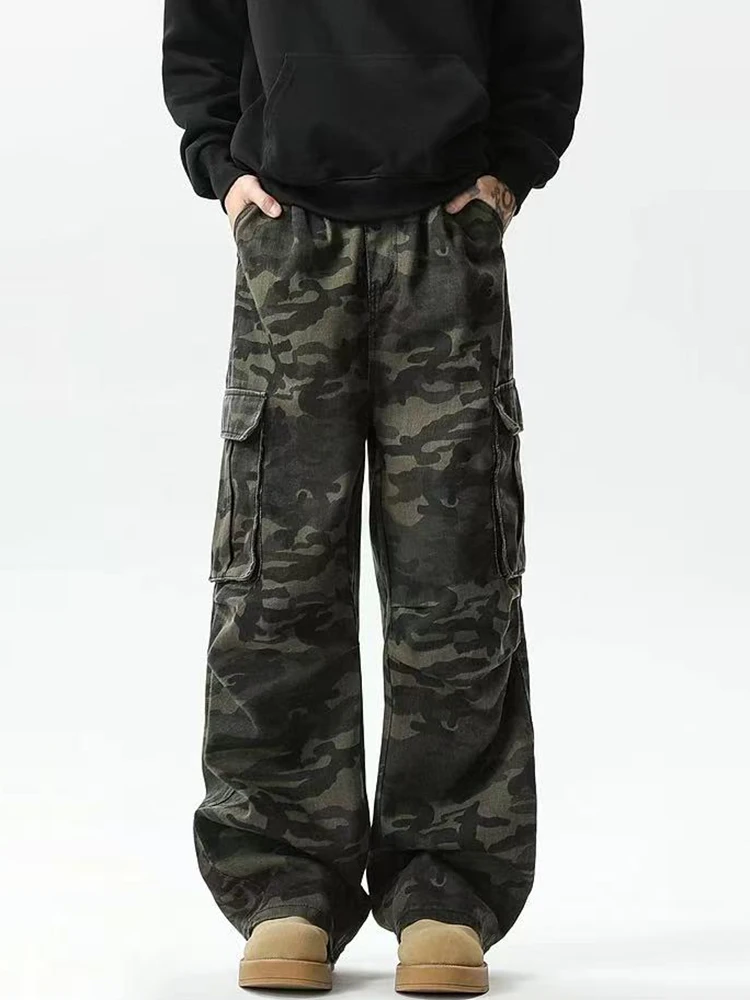 

Винтажные камуфляжные джинсы-карго для мужчин, американский стиль, средняя посадка, уличная мода, широкие штанины, Y2K, хип-хоп, свободные джинсы с карманами