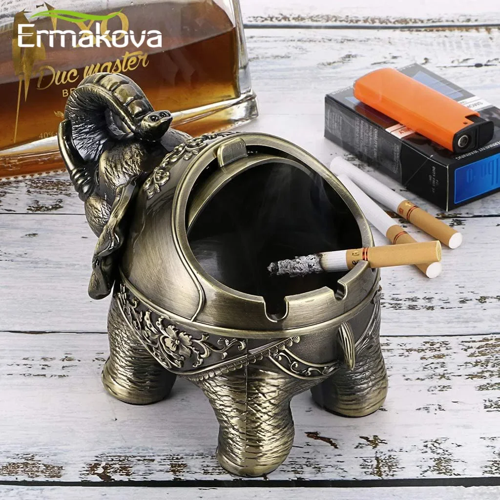 3D Metal Elephant Ashtray Statue Home Office Desktop Decor Retro Windproof With Lid Christmas Valentine's Day New Year Gift