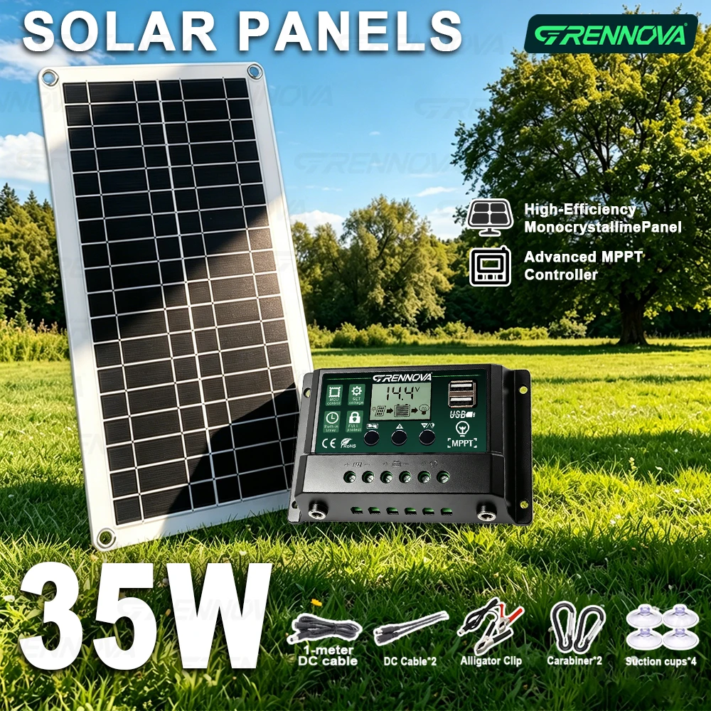 Camping RV Solar Panel Kit 35W Dual USB DC Output with 10A/30A/60A Controller High Output for Battery Outdoor Charging Garden