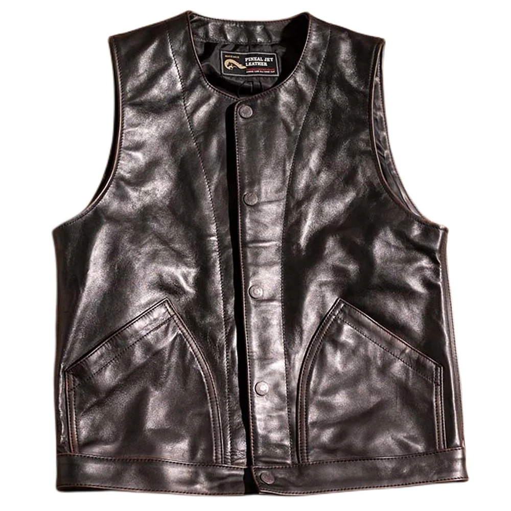 

Genuine Leather Summer Mans Tank Top Vest Horsehide For Man Vintage Fashion Horseskin Men's Waistcoat Weskit Streetwear Japanese