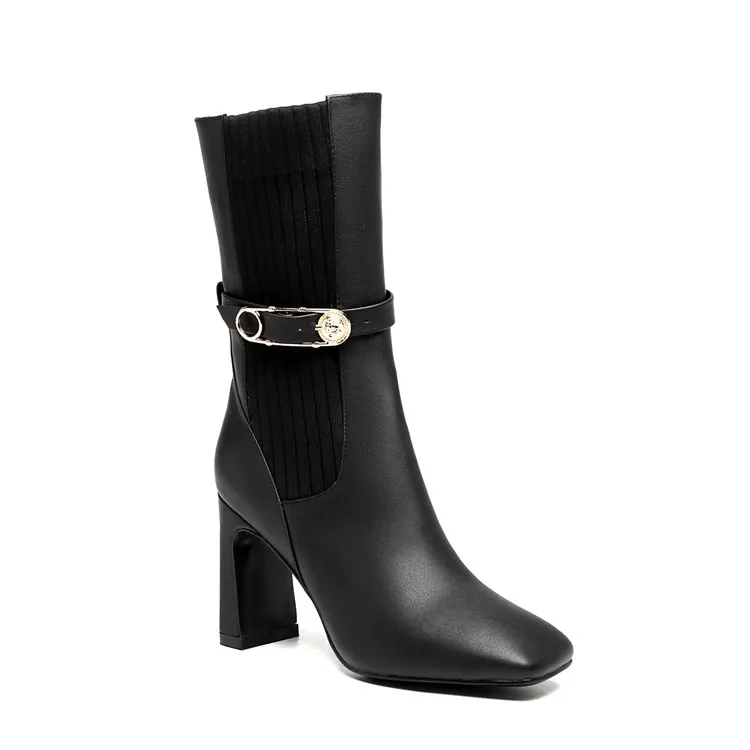 

2023 New women's brand design black mid-tube elastic boots leather square toe metal buckle high-heeled women's boots