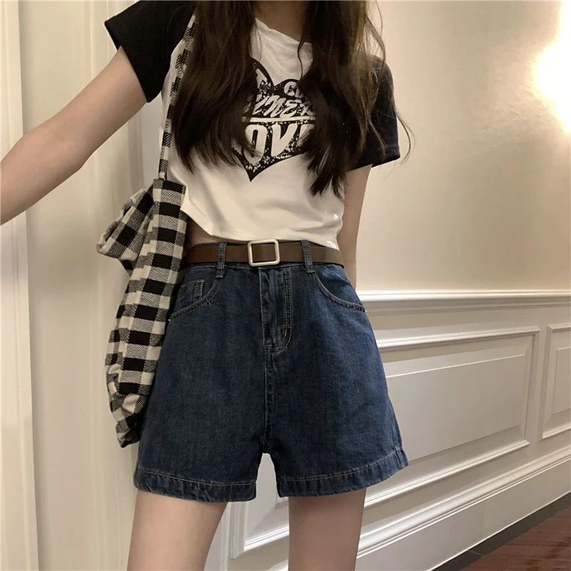 

Gidyq Retro High Waist Denim Shorts Women Korean Casual Loose Chic Ladies Shorts Summer Blue All Match Wide Leg Shorts New