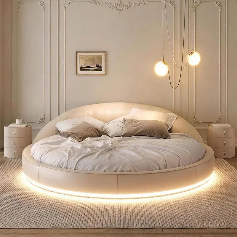 180x200 Rundes Europäisches Schlafzimmerbett, Kreisförmiges Luxus-Doppelbett für Erwachsene, Französisch-Schlicht, Nordisch Modern, Prinzessinnen-Stil, Komplettes Möbelset