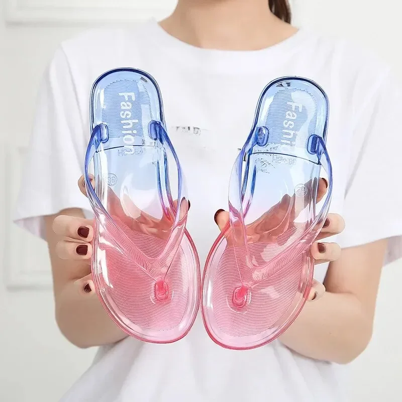 Two-color Personality Slippers Women Summer Fashion Gradient Beach Shoes Crystal Shoes Flat Bottom Pvc Material Adult Suitable