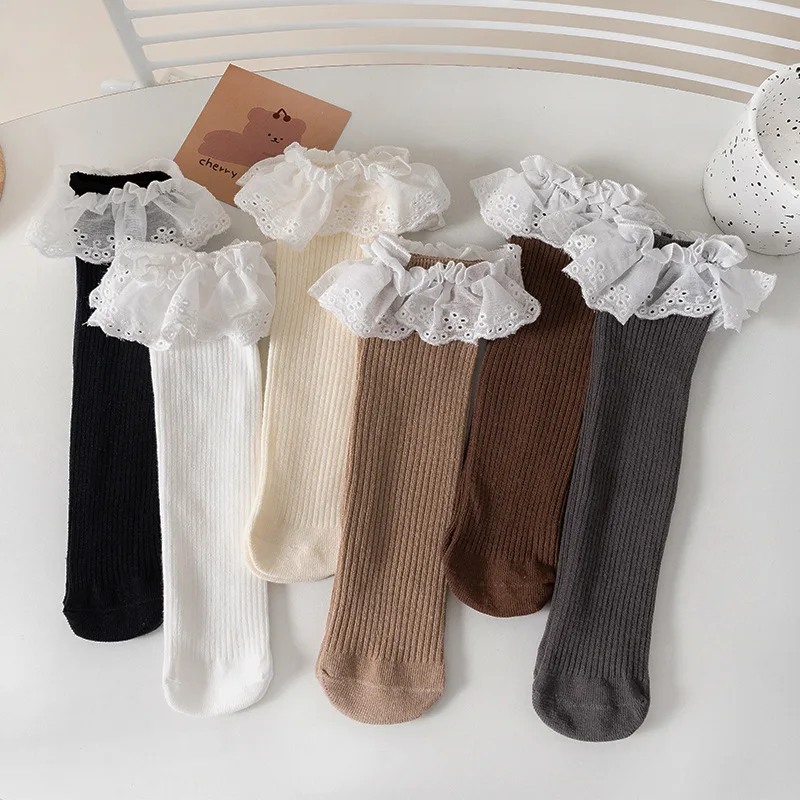 Retro Princess Lace Socks Korean Girls Long Tube Sock 3-12year Children Coffee Color Knit Cotton Stockings Autumn Kids Footwear