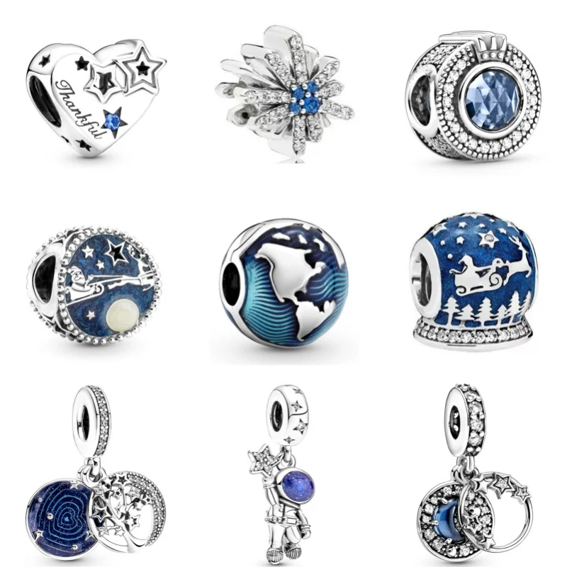 Silver plated Blue Star Series Pendant Alloy Diamond Star Earth Charm Beads For Pandora DIY Bracelet Necklace Jewelry Accessorie