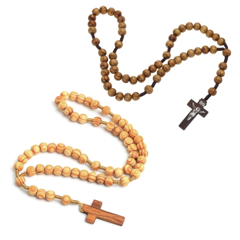 Wooden Grain Beads Jesus for Cross Rosary Necklace Carved Rosary Pendant Christian Jewelry Necklace Harajuku Relig