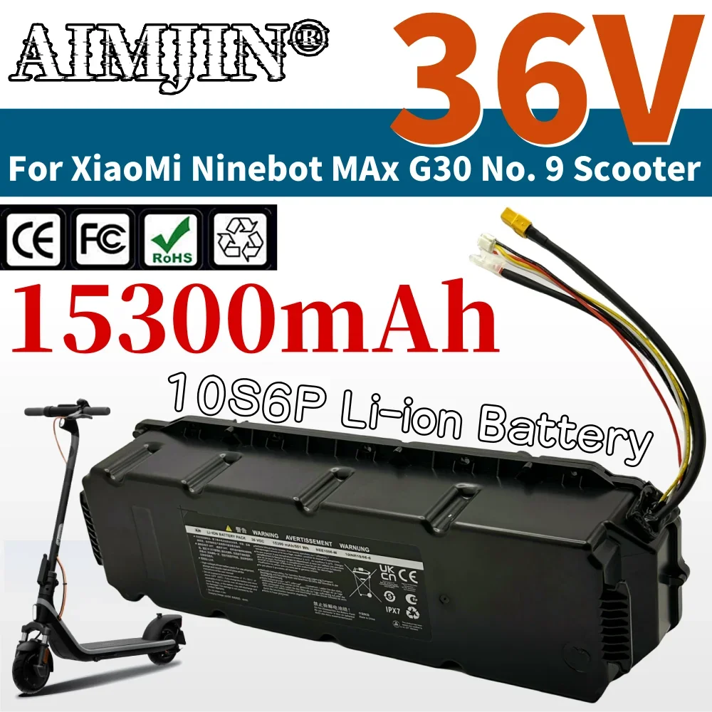 36V 15.3Ah High capacity 10S6P 15300mAh Li-ion Battery Pack with BMS For Xiaomi Ninebot G30 MAX No. 9 Electric Scooter Special