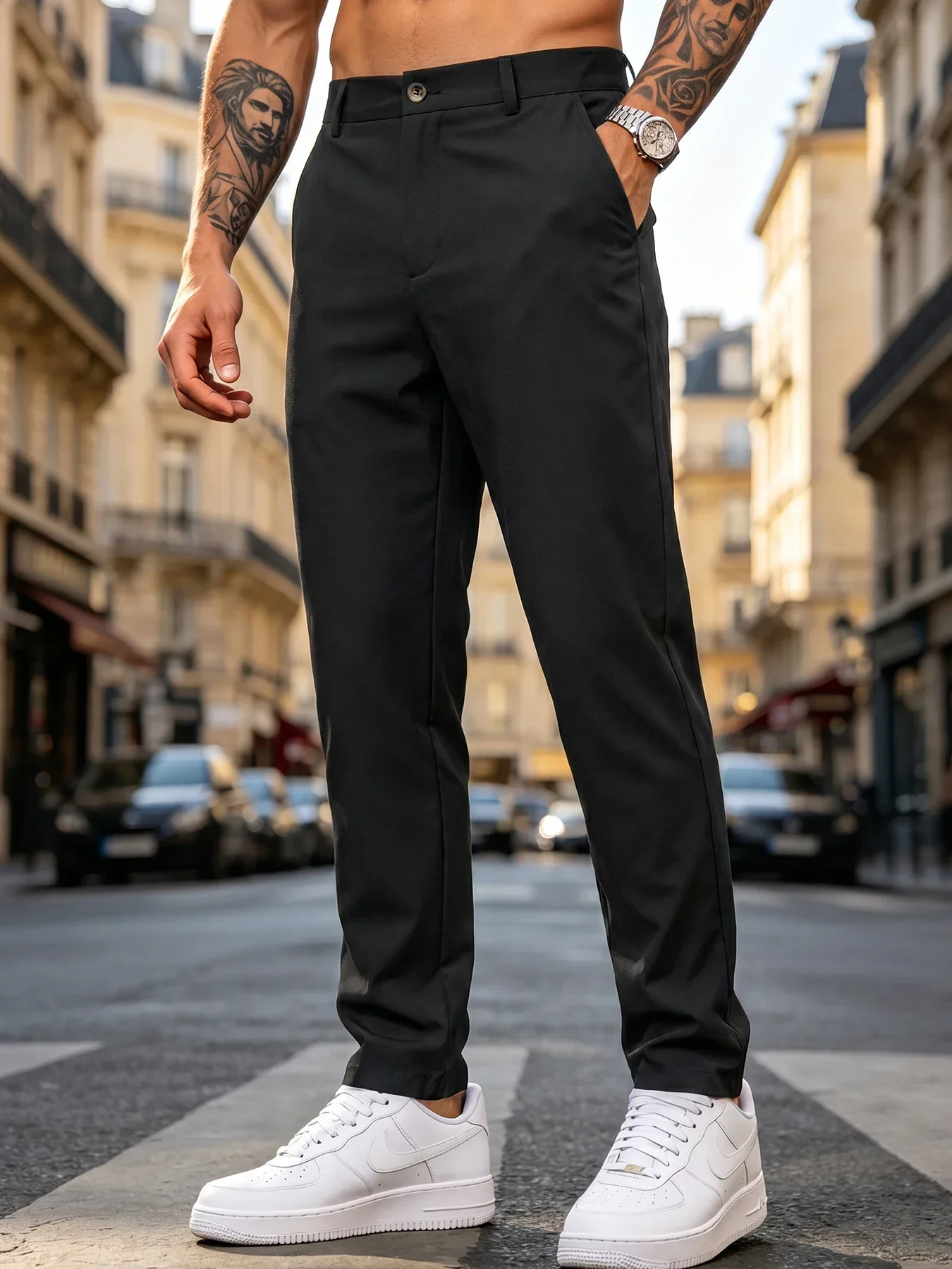 Wrinkle Resistant Soft Woven Men Straight Chino Trousers Button Fly Back Elastic Waist Deep Side Pockets Urban Cycling Work Pant