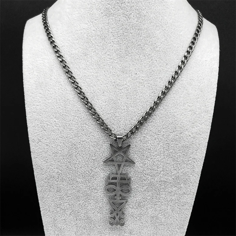 Hexerei Siegel Kirche von Satan Pentagramm Anhänger Halskette für Frauen Männer Edelstahl schwarz Farbe Kreuz Punk Schmuck ﻿ 911 – Detail 7