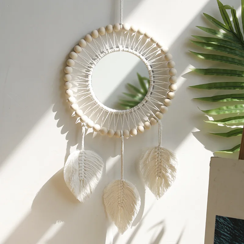 Bohemian Souvenir Hand Woven Wooden Bead Tapestry Mirror Decor Hanging Ornament Bedroom Household Mirror Home Wall Decoration
