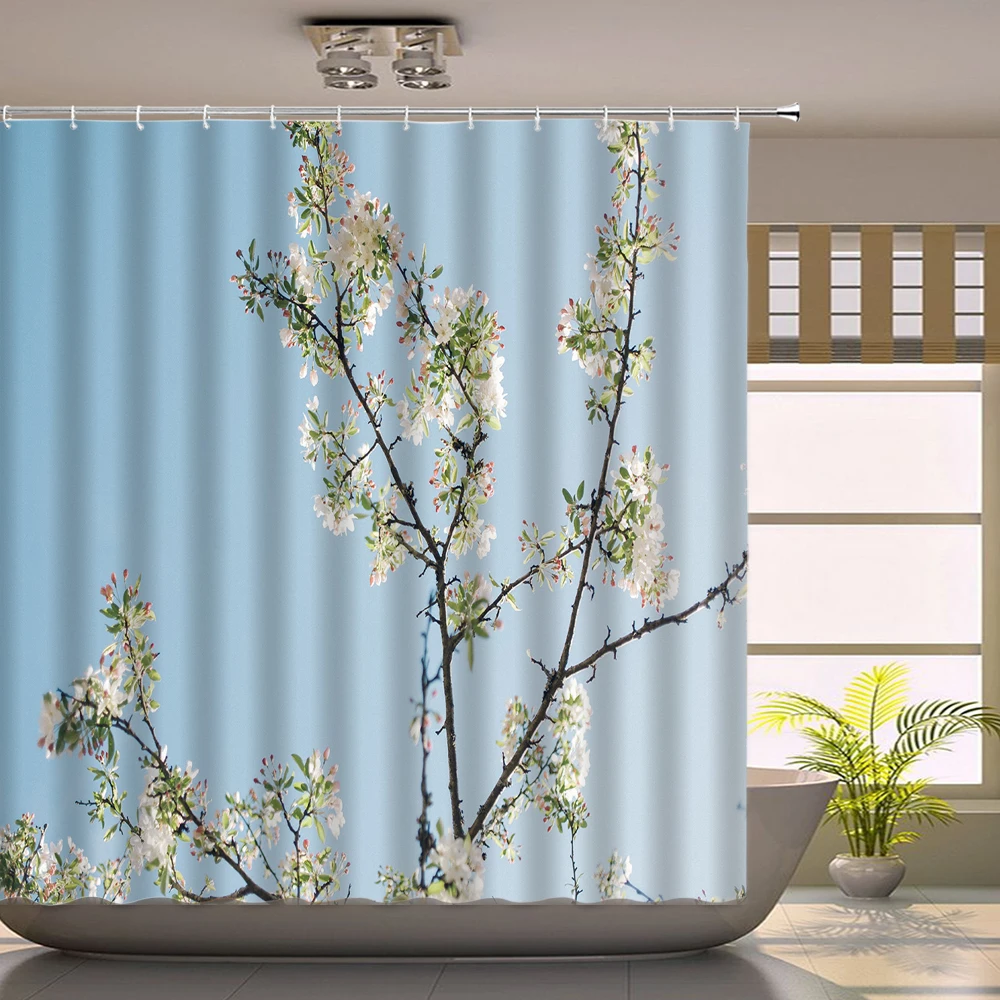 Tree Frog Sheltering From the Rain Under the Tree Shower Curtain Green Plant Leaf Spring Flower Floral Landscape Bath Curtain