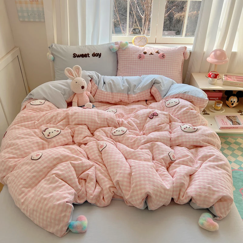 3/4Pcs Cute Cartoon Cat Embroidery Heart Pompom Bedding Set Single Queen King Size 100% Cotton Duvet Cover Bed Sheet Pillowcases