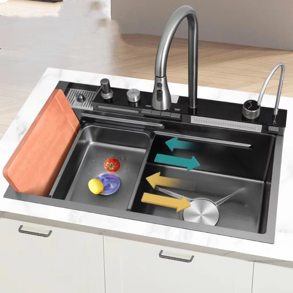 

Waterfall style large single slot honeycomb stainless steel sink, kitchen and household dishwashing sink