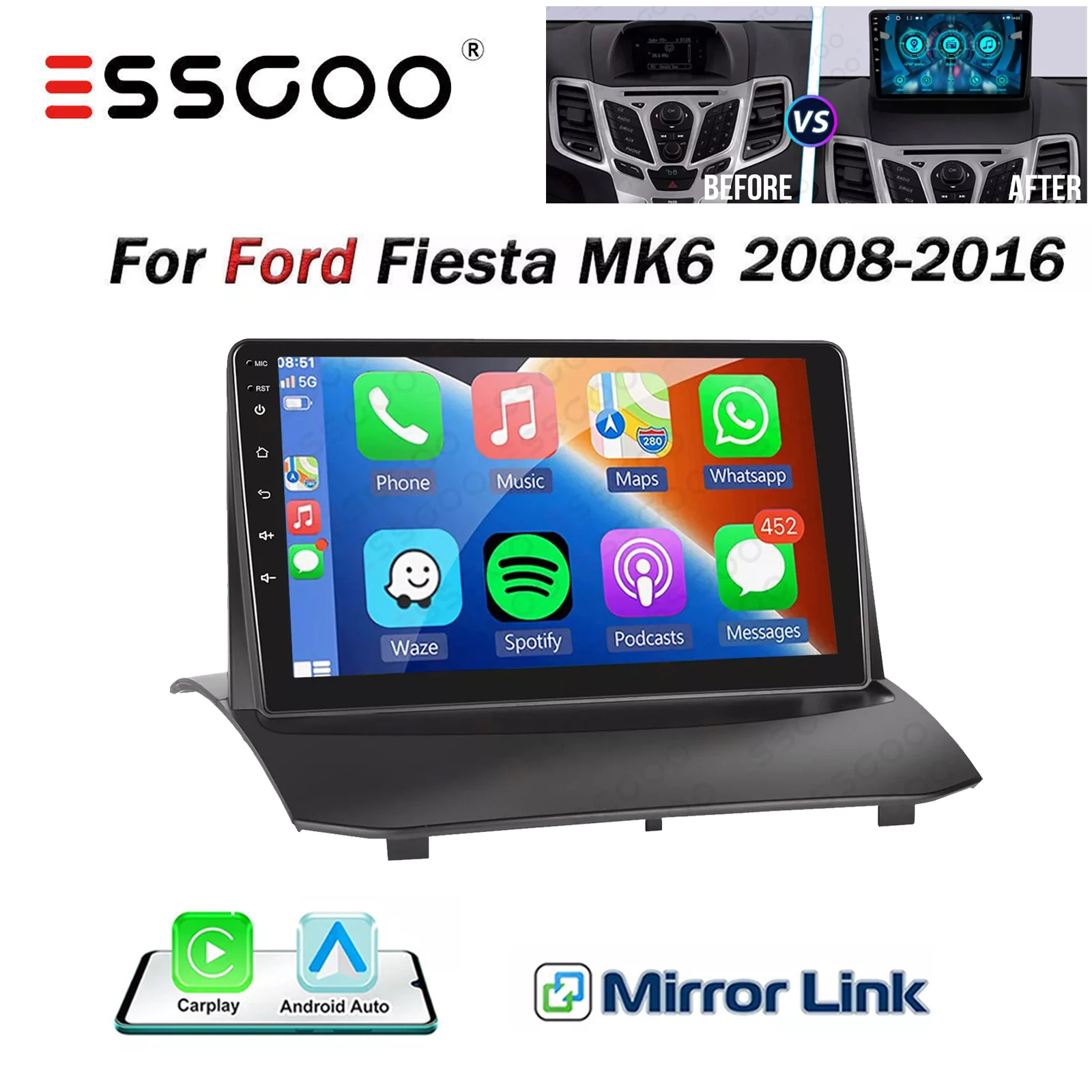 

ESSGOO 9" Android 13 Car Stereo Radio Carplay Android Auto Touch screen GPS Navi Bluetooth FM RDS For Ford Fiesta MK6 2008-2013