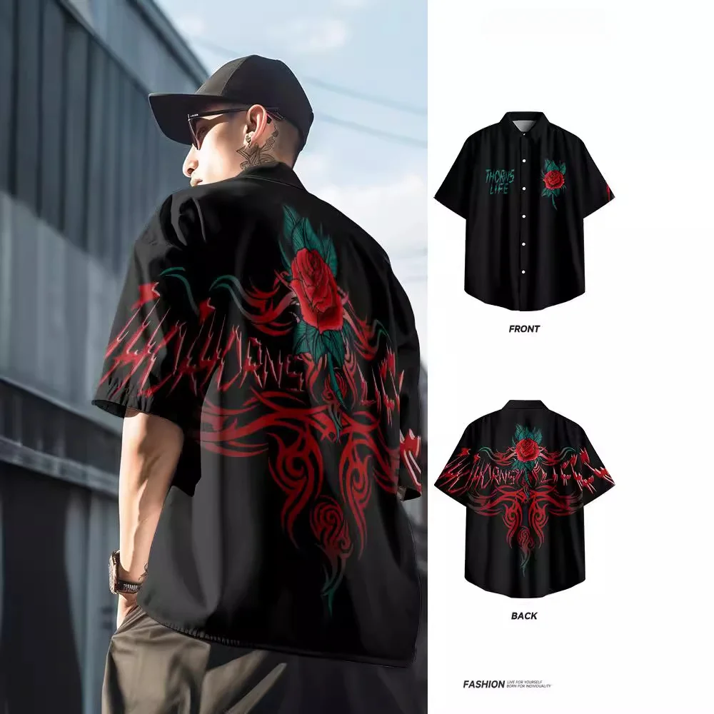 Hip Hop Fashion Rose Print Streetwear Oversized Hawaiian Shirt 2024 Men Black Beach Short Sleeve Harajuku Aloha Shirt Camisa