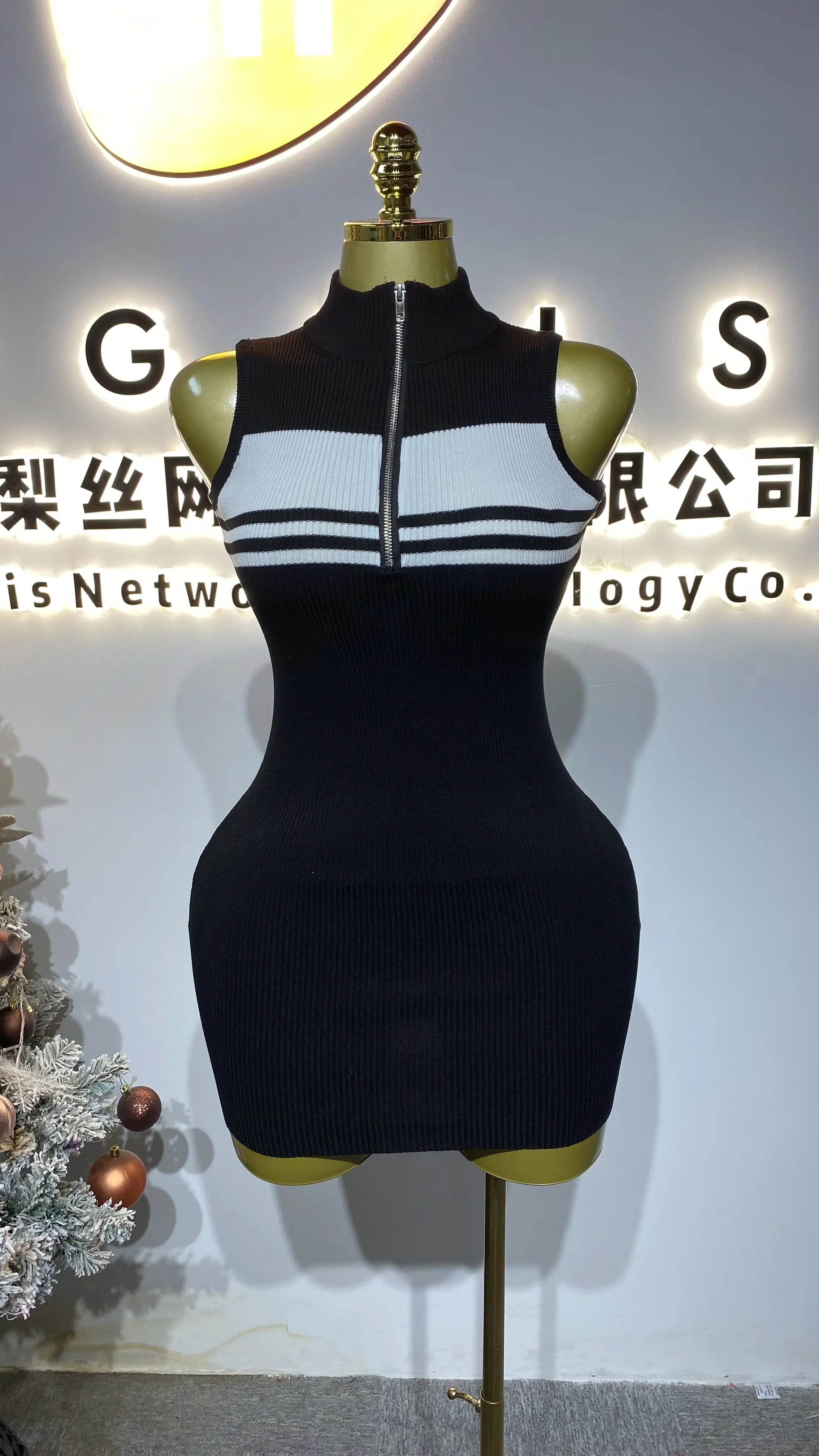 مخطط محبوك سترة بلا أكمام فستان قصير مثير سليم صالح الورك مطاطا سستة التفاف اللباس-GZXX226