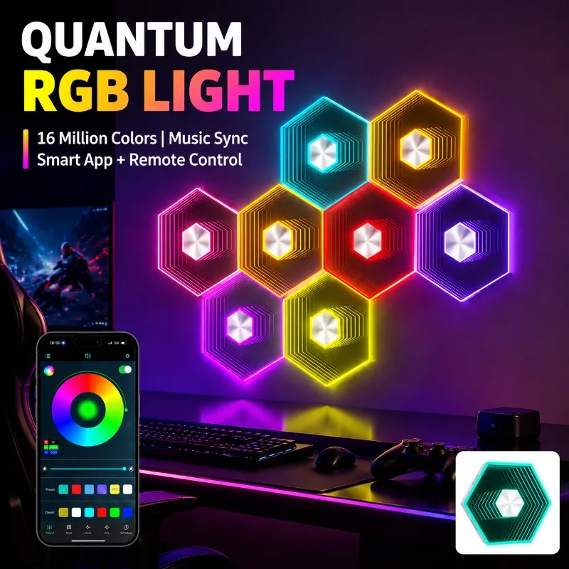 Smart‑Remote‑Operated Honeycomb Quantum‑Light Sound‑Pickup RGB‑Ambience‑Fixture Gaming‑Room‑Oriented Hex‑Modular‑LED‑Splicing