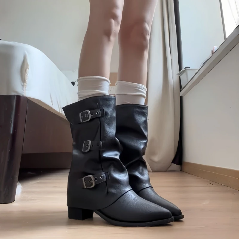 Autumn Women Pants Tube Slouch Mid Cafl Boots Fashion Metal Buckle Strap Shoes Ladies Retro Block Heel Western Cowboy Booties