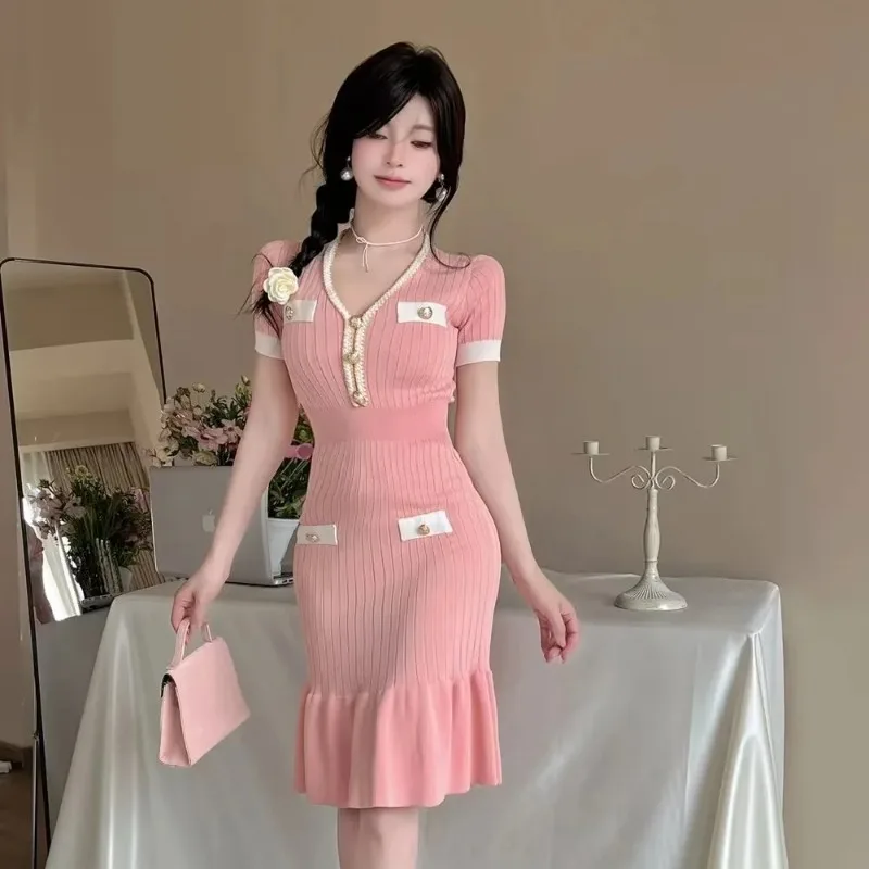 Damska Letnia Sukienka Paski Kolorowy Kontrast Bez Rękawów Golf Dzianina Vintage Prosta Wygodna Modna Niszowa Wszechstronna Obcisła Nowa