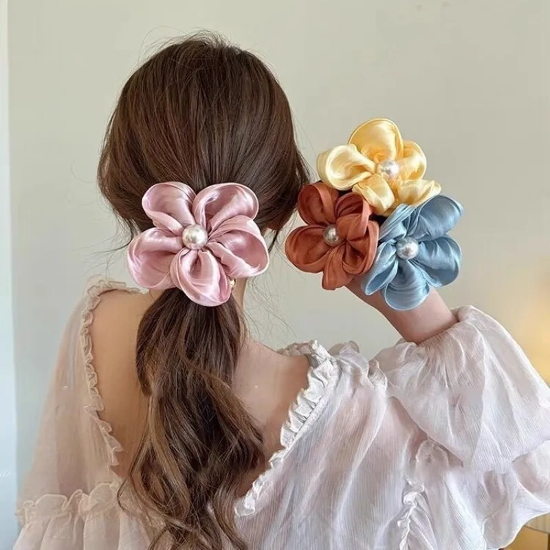 

AISHG Mesh Flowers Large Intestine Hair Ties Women Korean Pearls High-quality Ponytail Fashion Hair Rope Girl Hair Accessories