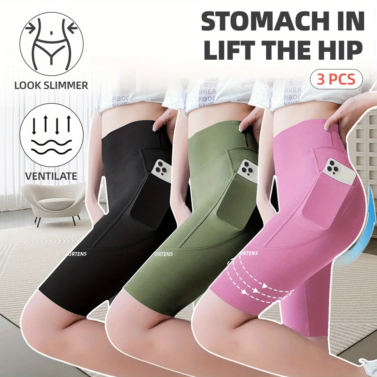 3PC Set Sports Wear Pockets High Waist Lifts Buttocks Lady Bubble Butt Yoga Pants Athletic Korea Jogging Scrunch Shorts