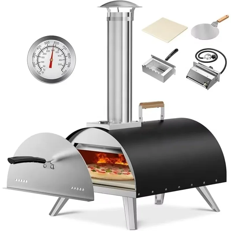 فرن بيتزا خارجي بمخرج 2025، فرن تخييم حديدي، فرن تخييم، غاز خشبي، قائم بذاته، محمول مع عرض درجة الحرارة