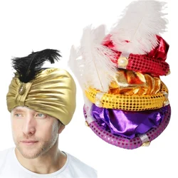 Gold Aladdin Hat with Feather Halloween Arab Vintage Sultan Headwear Cosplay Accessories Adult Kids Turban Headwrap Arabic Hat