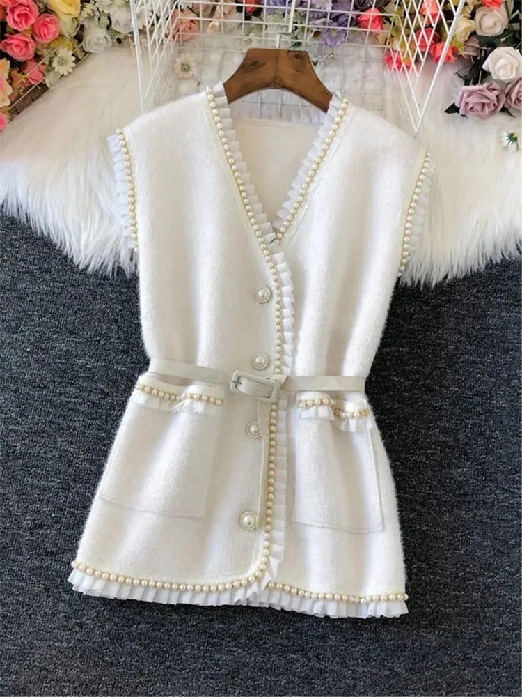 Vintage Woolen Sweater Vest Jacket Women Spring Elegant V-Neck Sleeveless Waistcoats Korean Casual Bead With Belt Chic Outerwear