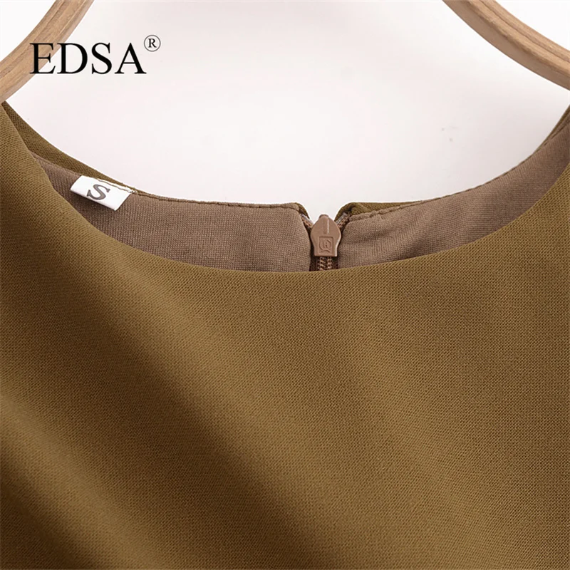 EDSA Women Elegant Mini Dress Solid O-Neck Sleeveless Pleated Decoration Female Casual Back Zipper Short Dresses Muj