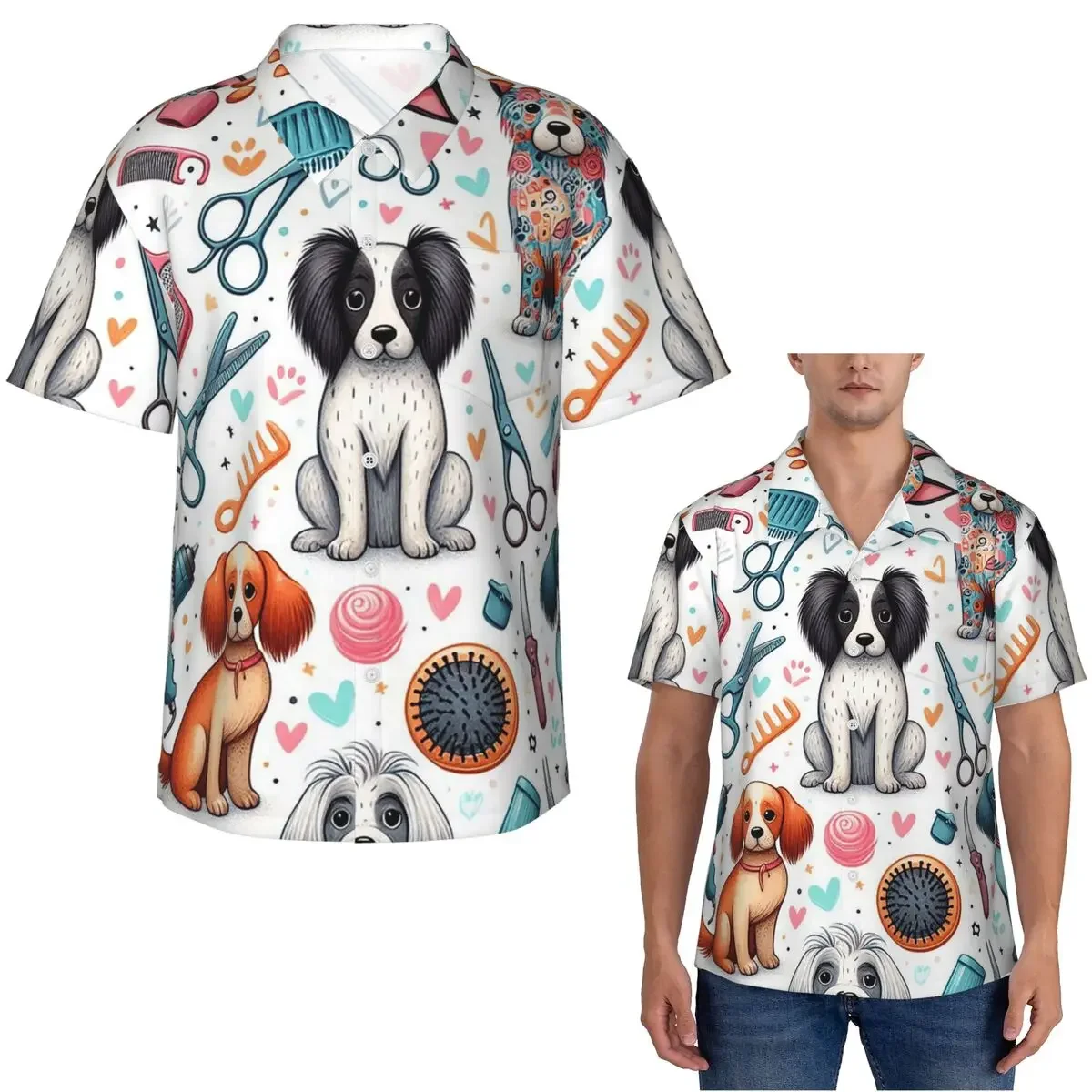 Dog Grooming Printed Hawaiian Shirts Fashion Men Short Sleeve Shirt for Summer Beach Men's Button Tops