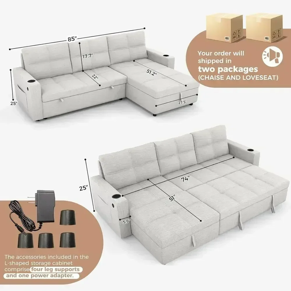 85 Sectional Sleeper Sofa with Storage, Pull-Out Couch, Reversible Chaise, Cup Holders, USB Ports, Side Pockets, Comfortable for