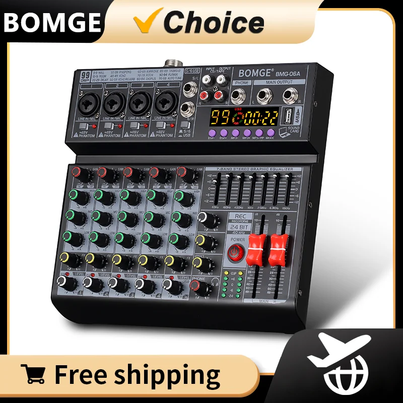 BOMGE 6 channel 99DSP effects audio mixer 7 Band EQ Control With headphone monitoring with Bluetooth MP3 6.35mm outputs