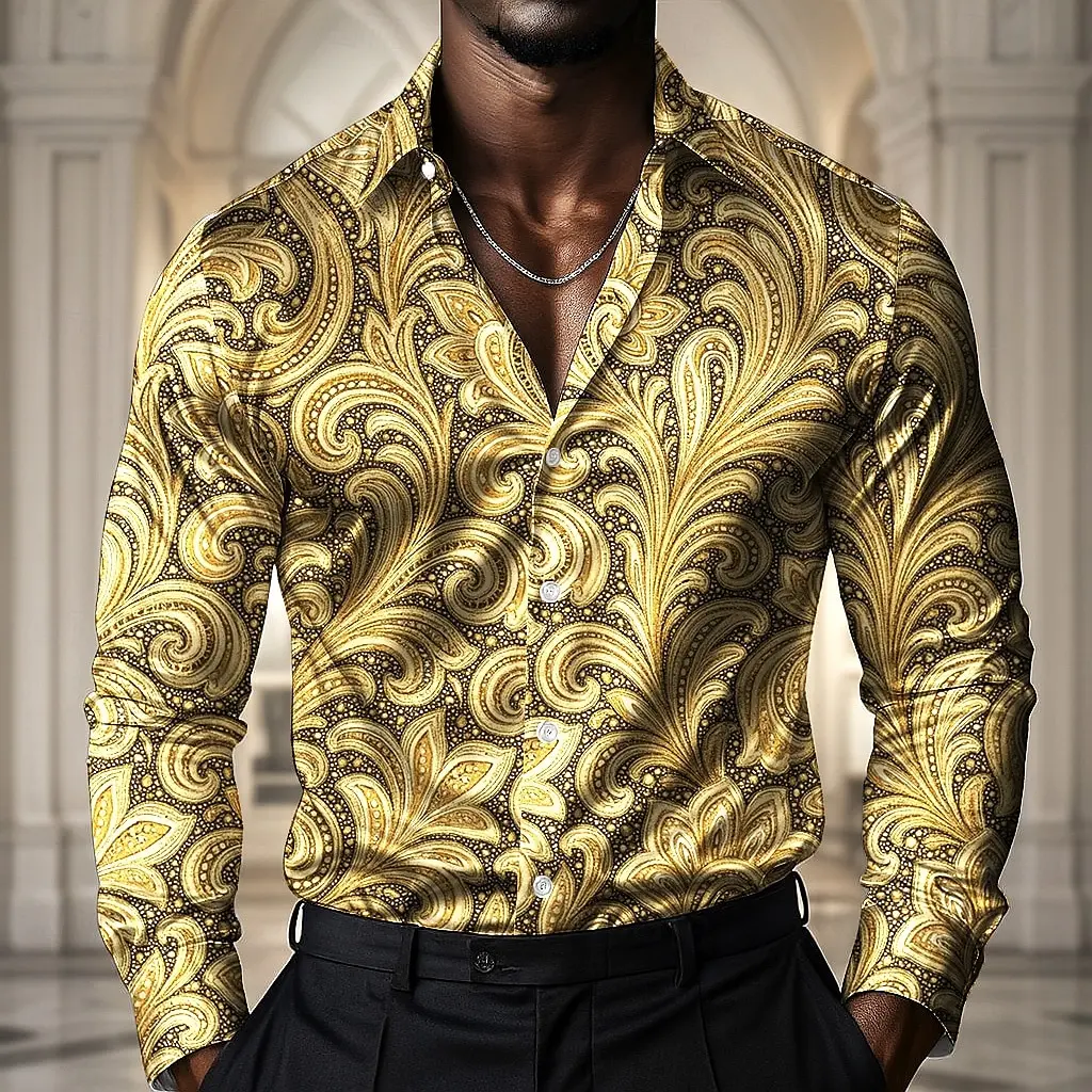 Men Long Sleeve Button Down Shirt Black Golden Baroque Paisley Scroll Print Polyester Lapel Collar Banquet Party