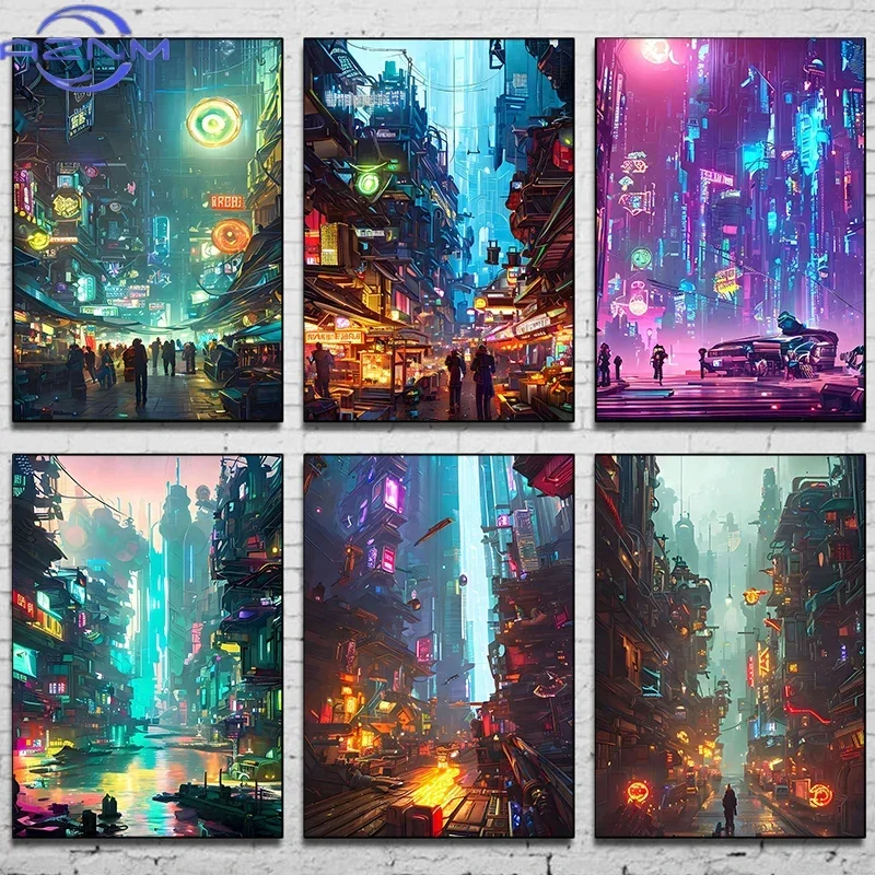 Affiche sur toile de peinture de ville cyberpunk prospère, art mural du monde futuriste pour salon, chambre à coucher, décoration moderne pour la maison, cadeau