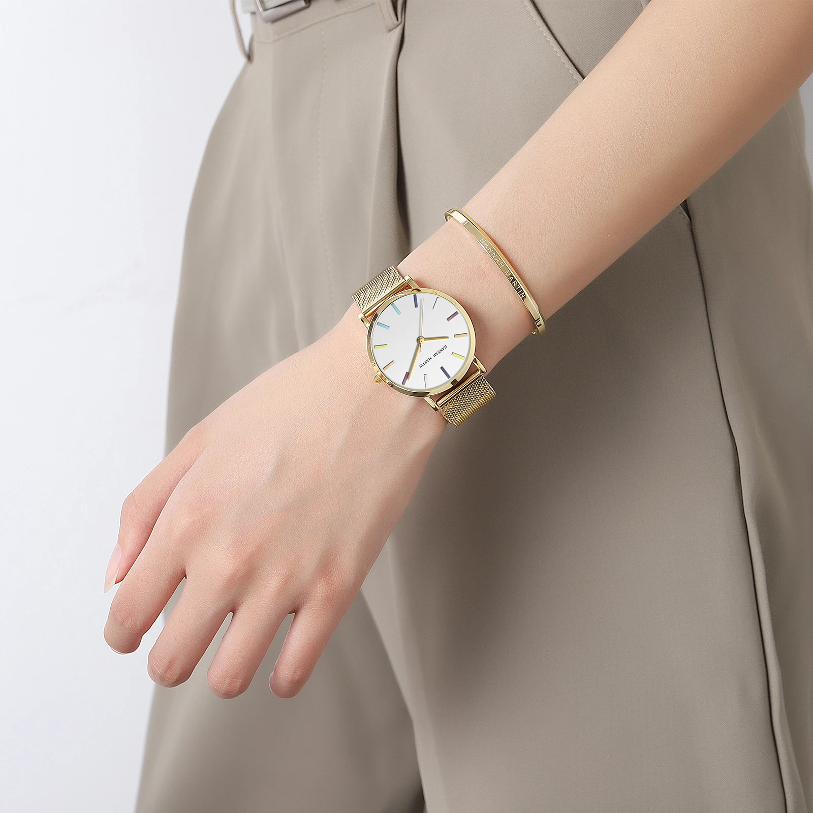 2023 New Brand Women\'s Fashion Watch Hannah Martin Japanese Movement 36mm Color Graduated Stainless Steel Mesh Strap Reloj Mujer