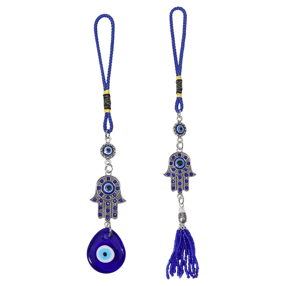 2 Pcs Glass Hand Car Hanging Ornament Teardrop Eye Charms Pendants Tassel Beads Decor for Car Rear View Mirror Accessories Wall